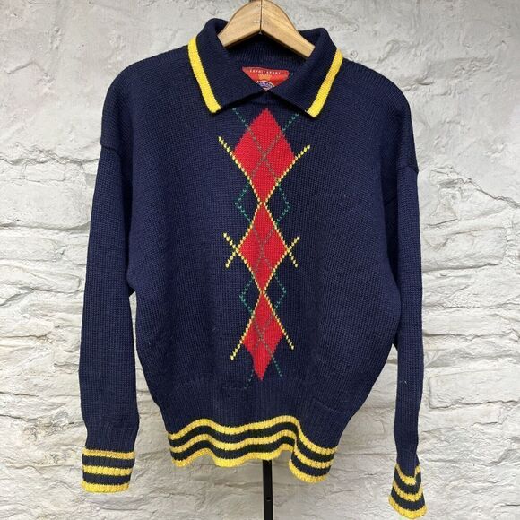 Vtg 90s Espirit Sport Knit Wool Collared Argyle Pullover Sweater Preppy School - Picture 1 of 10
